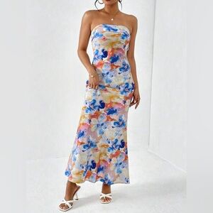 Floral Print Draped Backless Tube Long Summer Dress